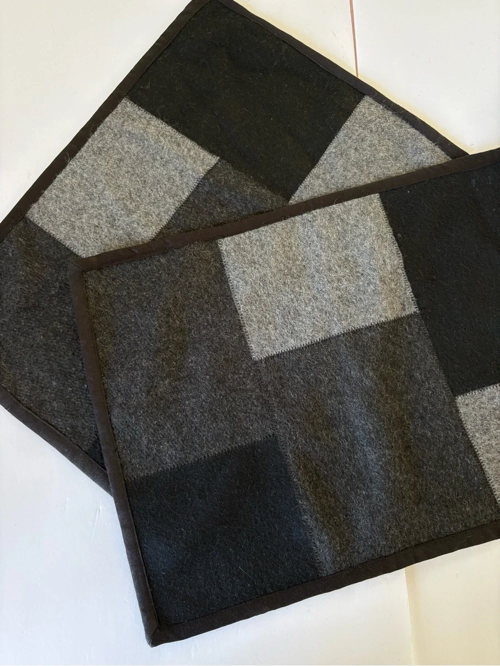 Crate & Barrel Soho Felt Black Grey Plaid Placemats - Set of 2 - Wool Blend